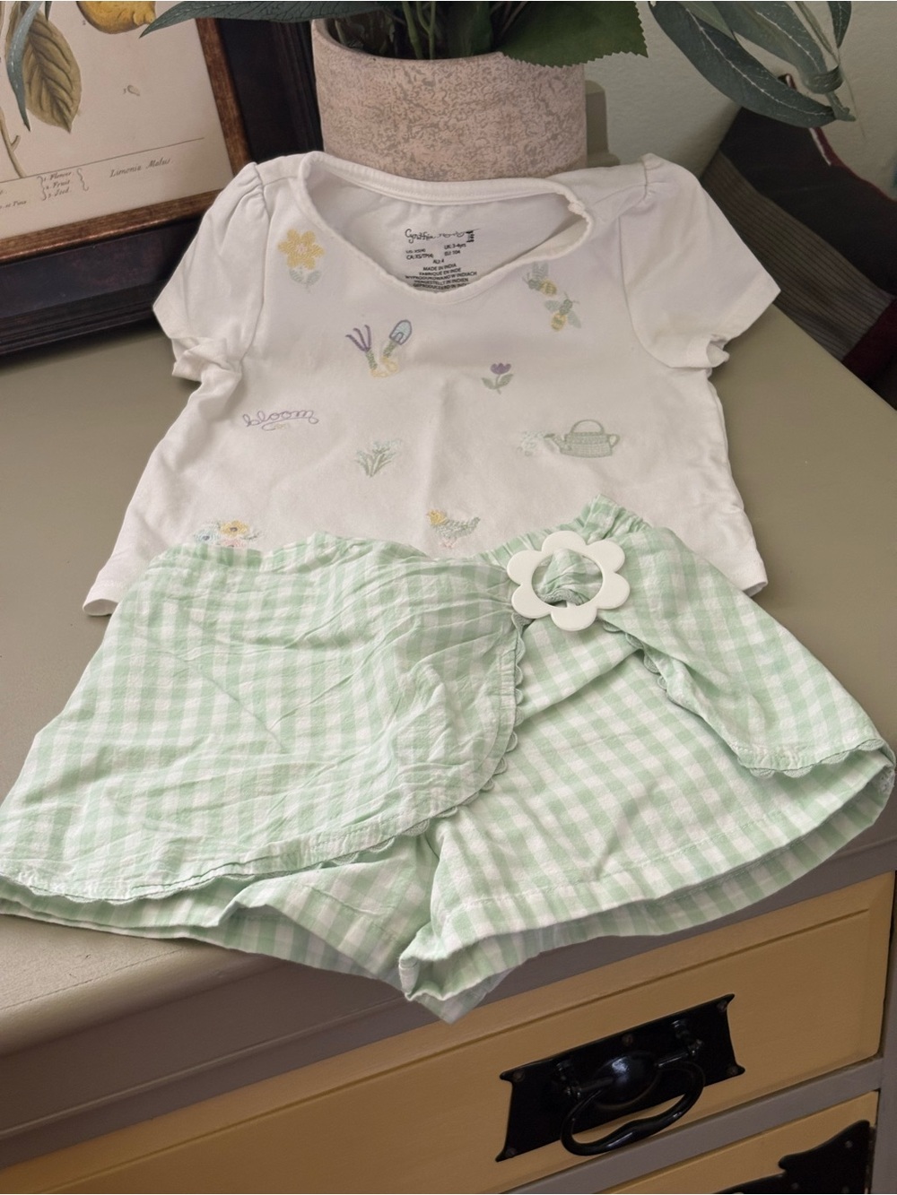 Cynthia Rowley White Floral Embroidered Tee with Mint Gingham Short Set